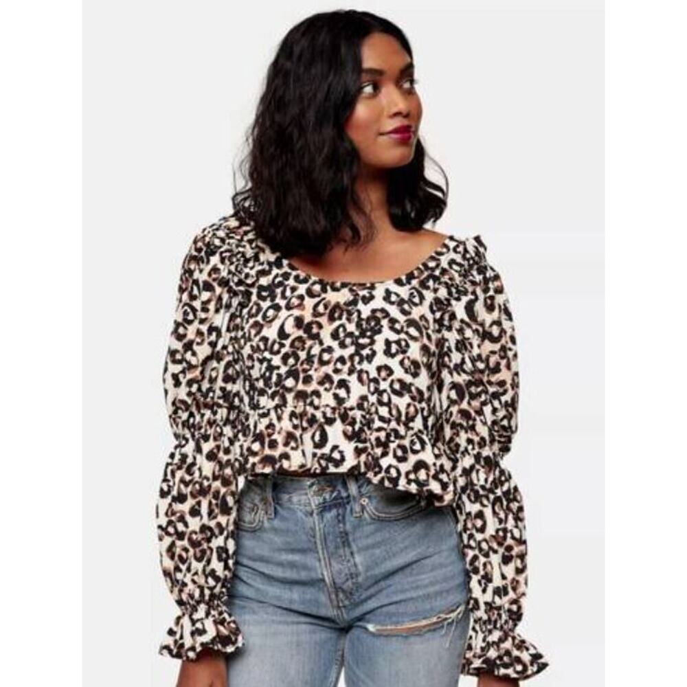 Topshop Women's Animal Print Peplum Tea Top In Brown Multi Size 4 MSRP $58